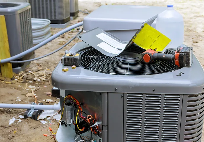 Outdoor AC unit with its top lifted and a drill and meter resting on the fan grille