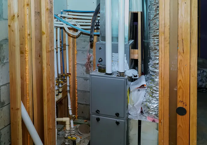 Gas furnace and ductwork in an unfinished basement utility room
