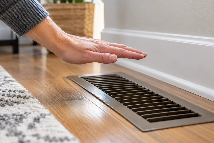 Hand held over a floor heating vent beside a rug