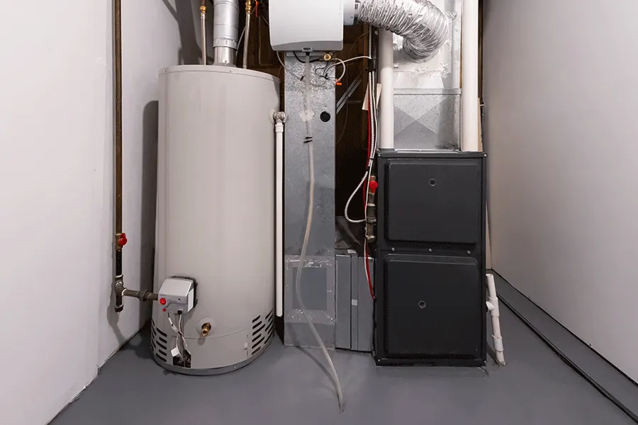 Water heater next to a furnace in a utility room