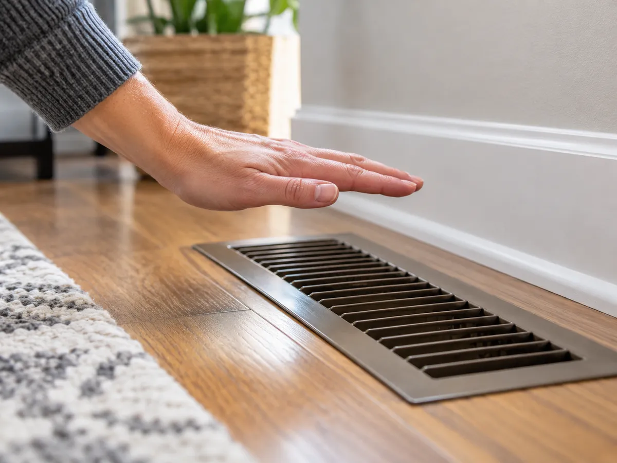 Hand held over a floor vent to feel the air coming out