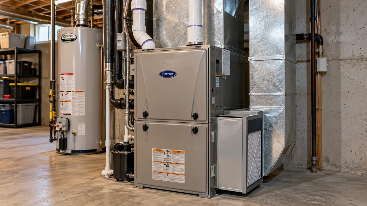 High-efficiency gas furnace with white vent pipes beside a water heater in a basement