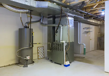 Furnace and water heater in a clean basement, with an air filter leaning against the furnace