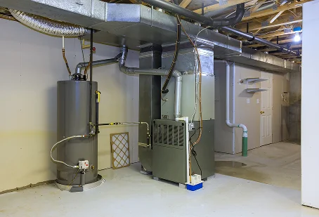 Gas tank water heater beside a furnace in an unfinished basement, with their vent pipes overhead