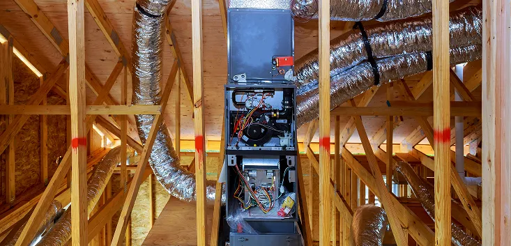 Furnace with its front panel off and flex ductwork running through open wood framing
