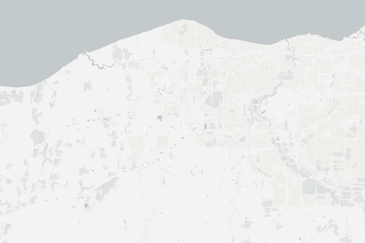 Street map of the area where Anderson Heating & Cooling does whole-home humidifier installations, from Lorain and Oberlin east to Lakewood along Lake Erie, with a pin on each town and the service area outlined